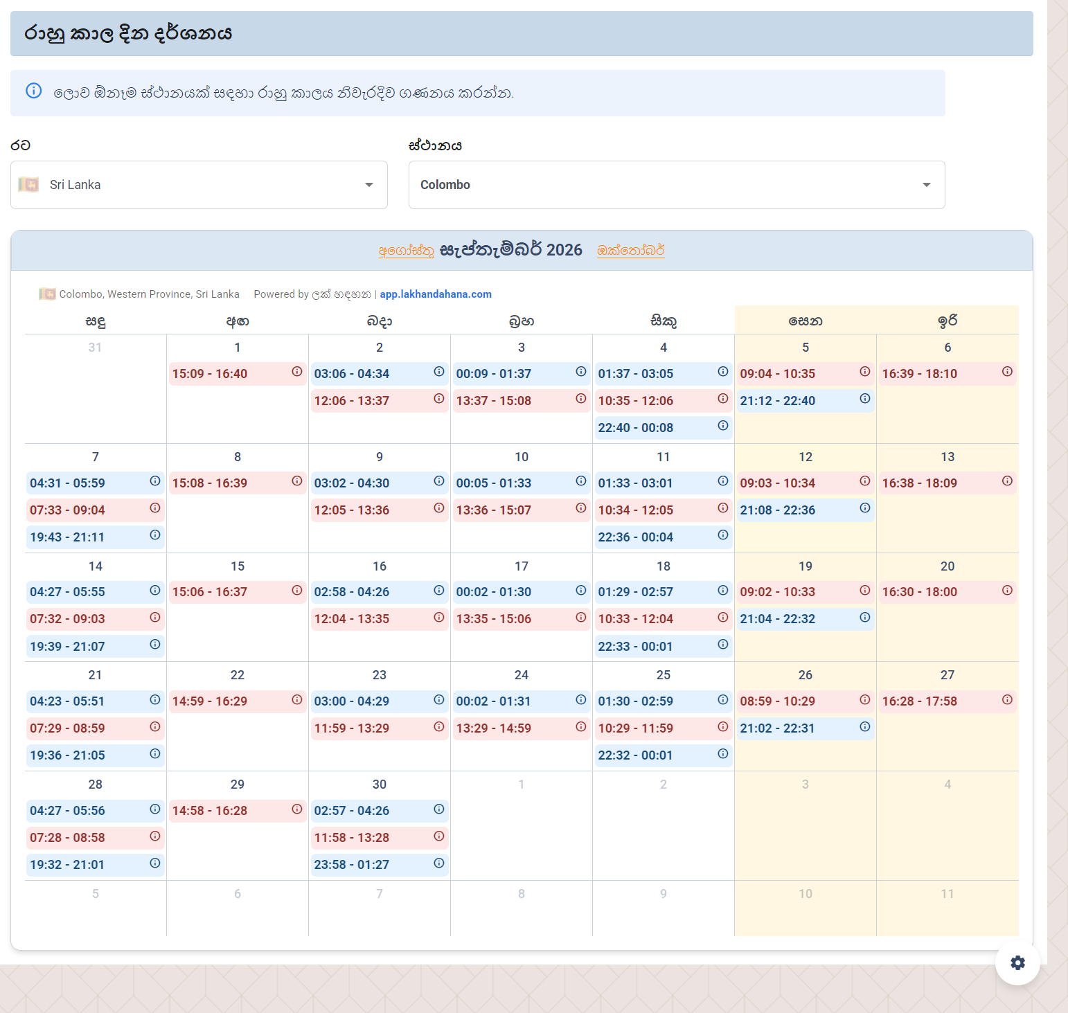 Lak Handahana global Rahu Kalaya calendar showing city-based timings